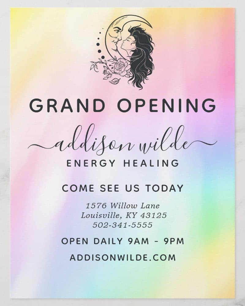 Grand opening announcement for Addison Wilde Energy Healing, featuring a logo of a couple kissing within a crescent moon.