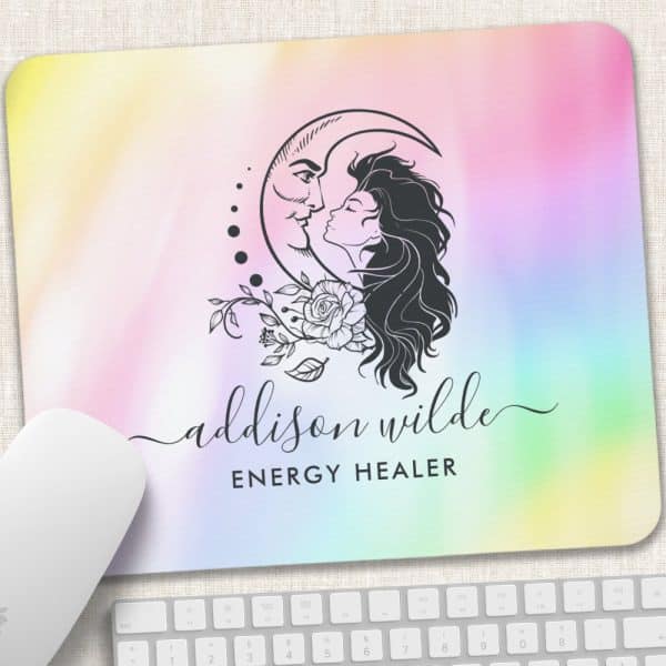Mousepad Featuring A Crescent Moon Design With A Woman'S Face And Floral Details; The Text Addison Wilde Energy Healer Is Below.