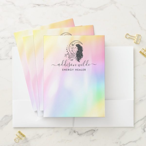 Stack Of Pastel-Colored Stationery Featuring A Logo Of A Woman'S Face And Hair Beside A Crescent Moon, With The Name Addison Wilde, Energy Healer.