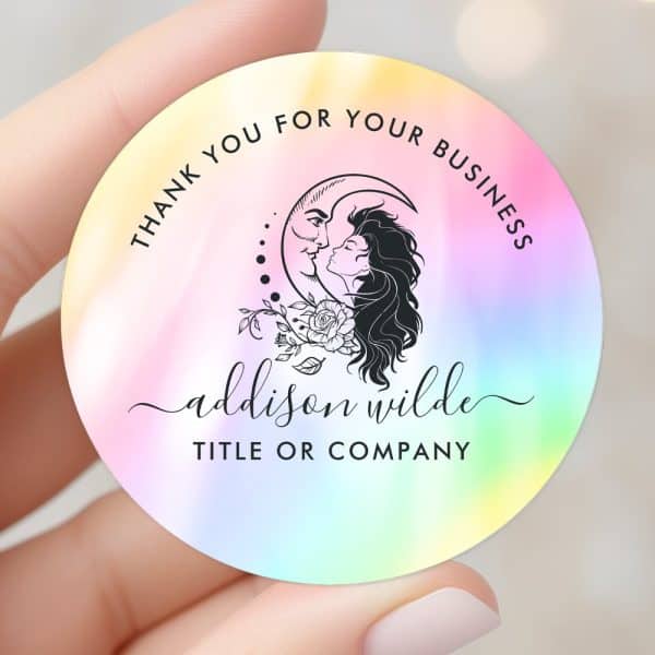 Pastel Iridescent Round Sticker Featuring A Black Line Art Design Of A Woman And Man Kissing Within A Crescent Moon, With Text That Says Thank You For Your Business, Addison Wilde, Title Or Company.