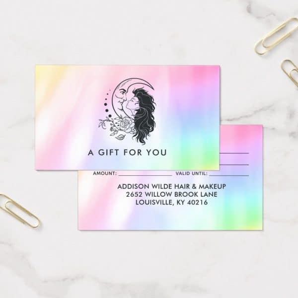 Pastel Rainbow Gift Certificate Featuring A Woman'S Face And Hair Silhouetted Against A Crescent Moon. Business Information Is Included Below.