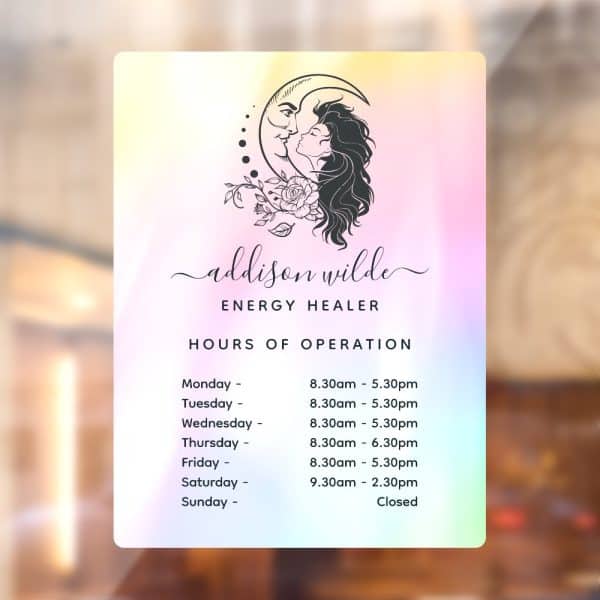 Business Hours Sign For Addison Wilde, Energy Healer, Featuring An Illustration Of A Woman And The Moon.