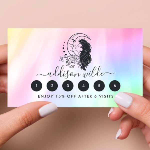 A Pastel Rainbow Loyalty Card Featuring A Moon And Woman Design; Six Visit Spaces With A 15% Off Reward After Six Visits.