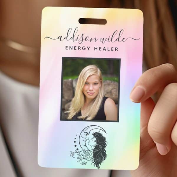 Addison Wilde Energy Healer Id Card With A Headshot And Moon Art.