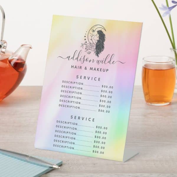 A Pastel-Colored Price List For Addison Wilde Hair &Amp; Makeup. A Stylized Moon And Face Graphic Is At The Top.