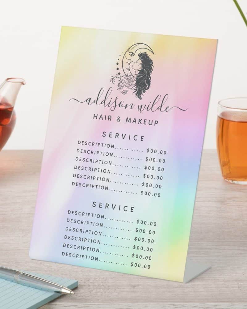 A pastel-colored price list for Addison Wilde Hair & Makeup. A stylized moon and face graphic is at the top.