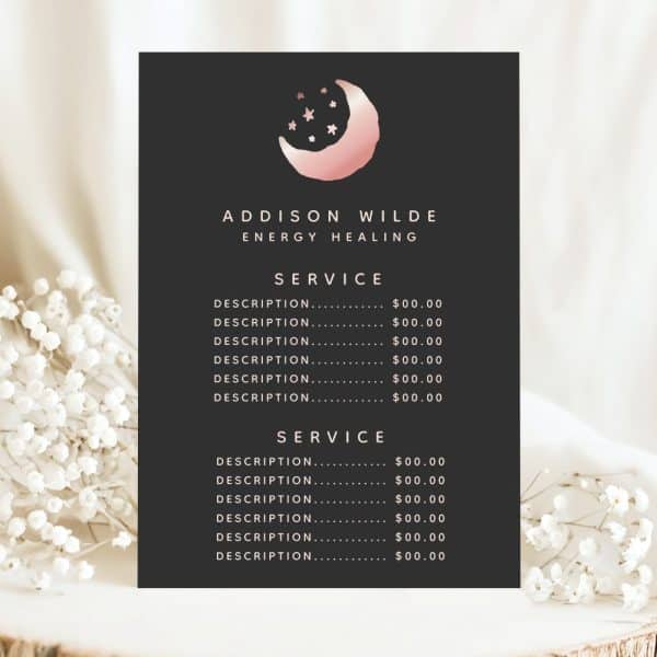 Black Price List For Addison Wilde Energy Healing, Featuring A Rose Gold Crescent Moon And Stars Logo.