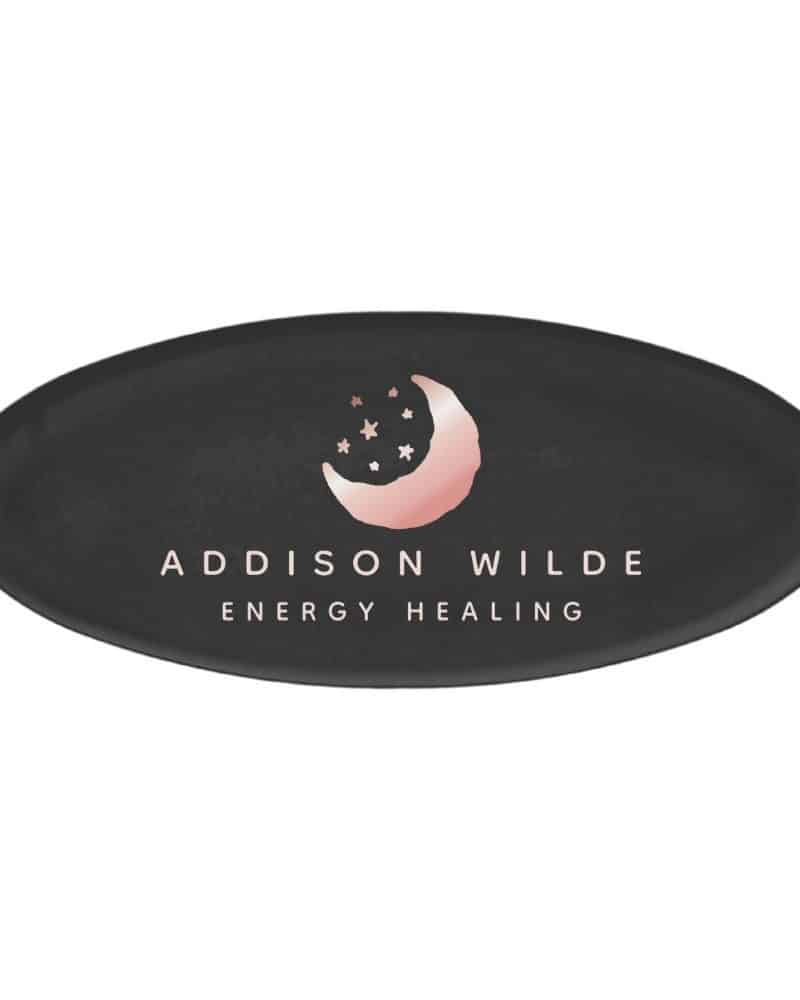 Black oval logo with a rose gold crescent moon and stars, and the text Addison Wilde Energy Healing.