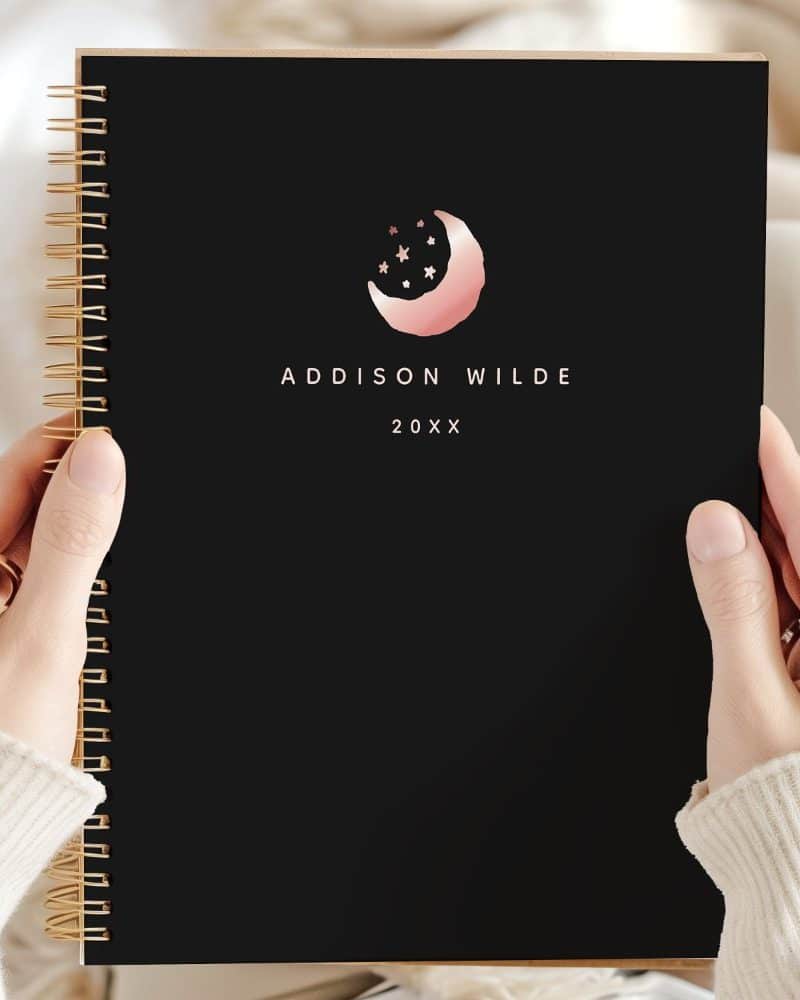 Celestial Rose Gold Crescent Moon Stars Logo Planner