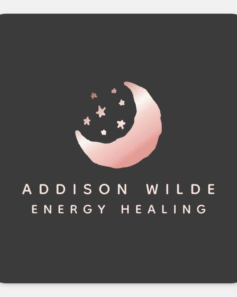 Rose gold crescent moon with small stars, Addison Wilde Energy Healing.