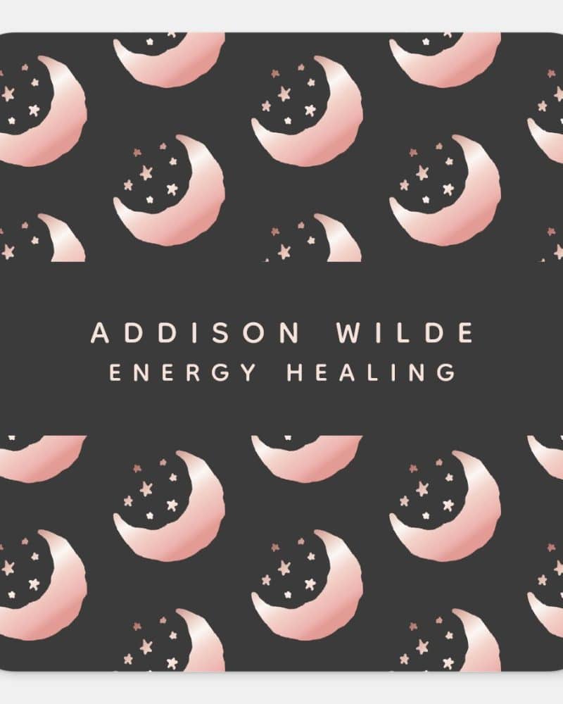 Rose gold crescent moons and stars on a dark background with the text Addison Wilde Energy Healing.