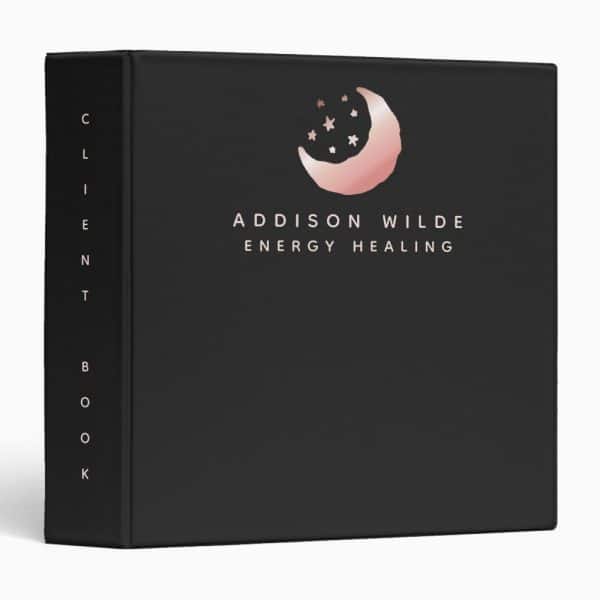 Black Client Book For Addison Wilde Energy Healing, Featuring A Rose Gold Crescent Moon And Stars Logo.