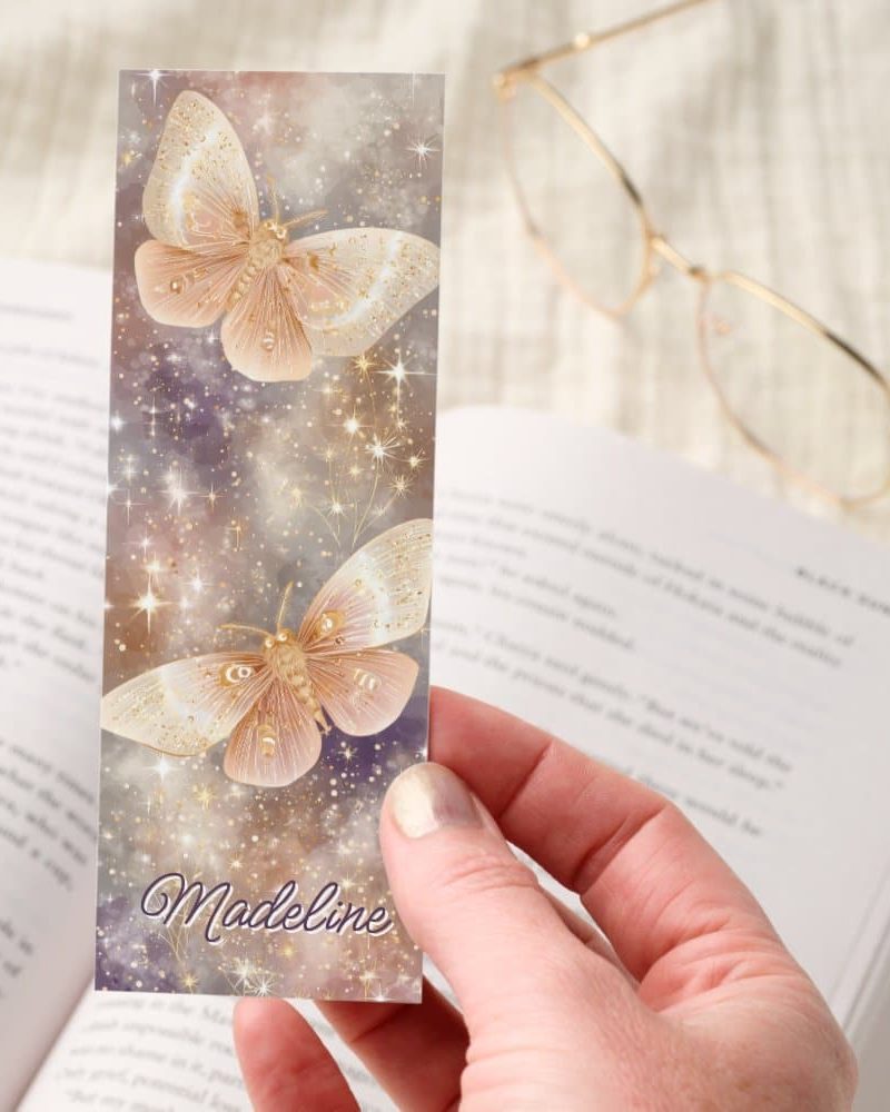 Celestial Rose Gold Moths on Sparkling Sky Bookmarks