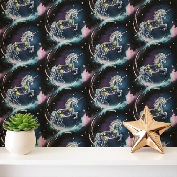 Starry Night Wallpaper Featuring A Repeating Pattern Of Unicorns.