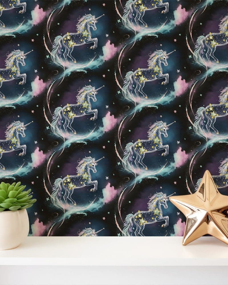 Starry night wallpaper featuring a repeating pattern of unicorns.