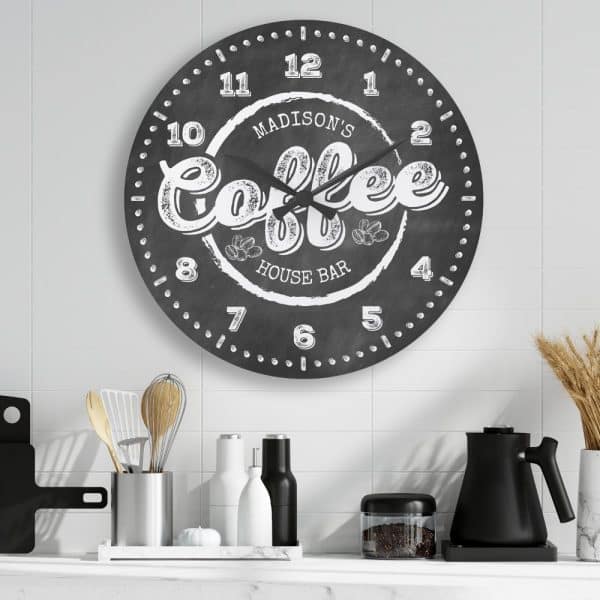 Black Round Clock With White Coffee Design.