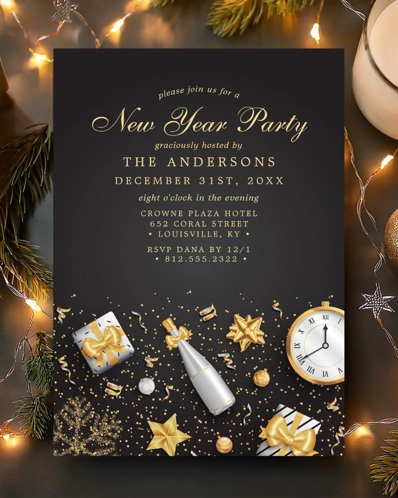 New Year's Eve party invitation; black background with gold accents, champagne bottle, gifts, and clock.