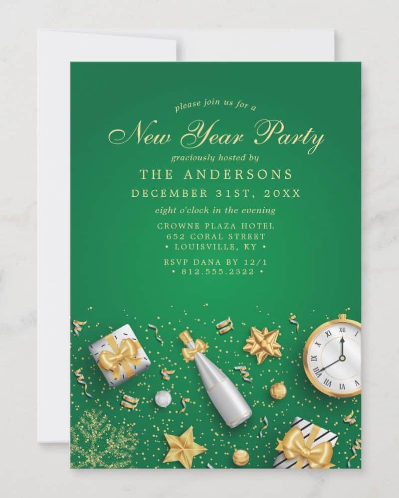 New Year's Eve party invitation with green background, gold confetti, gifts, champagne bottle, and clock.