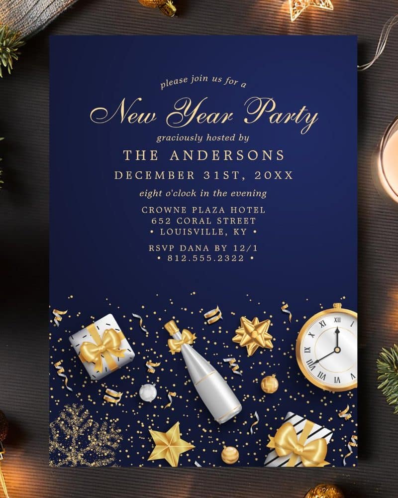 New Year's Eve party invitation with navy blue background, gold accents, and celebratory imagery including champagne bottle, gifts, and clock.