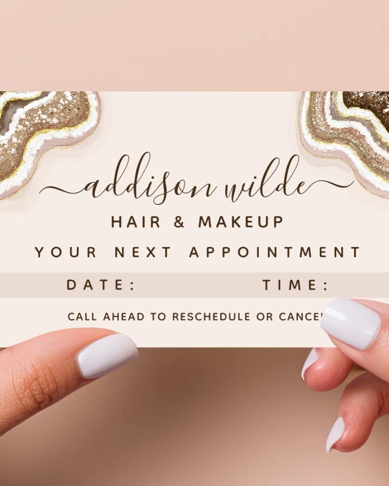 Appointment reminder card for Addison Wilde Hair & Makeup, featuring an agate design.