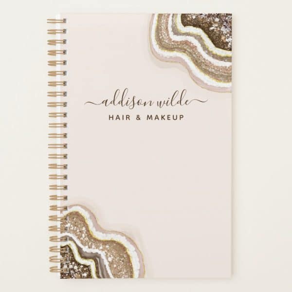Spiral-Bound Notebook With A Blush Pink Cover Featuring Gold And Brown Agate Designs And The Name Addison Wilde Hair &Amp; Makeup.