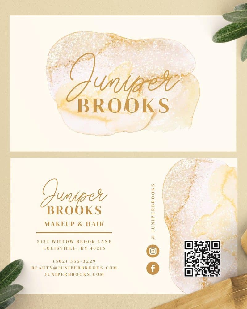 Juniper Brooks makeup and hair business card with gold watercolor design and contact information.