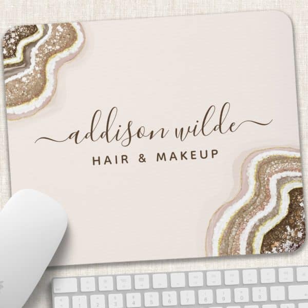 Beige Mousepad With A Hair And Makeup Artist'S Name And Agate Designs.