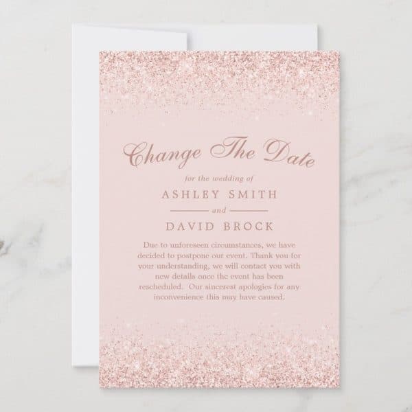 Rose Gold Glitter Wedding Postponement Announcement For Ashley Smith And David Brock.