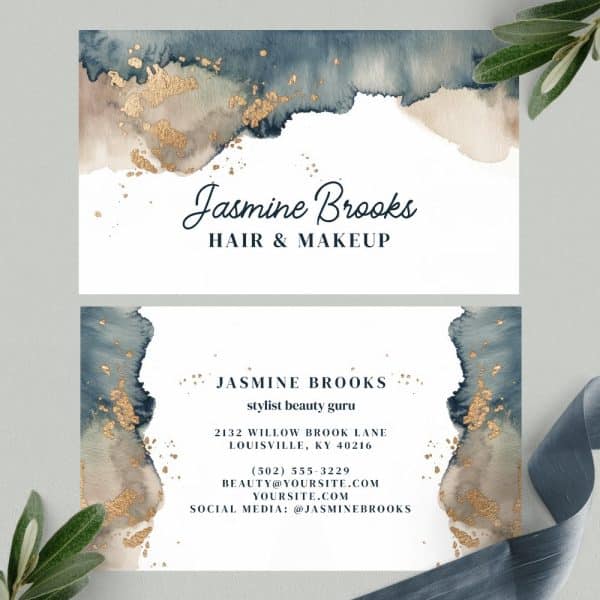Two Business Cards Featuring A Watercolor Design In Shades Of Blue And Beige With Gold Accents. The Cards Display The Name Jasmine Brooks, Hair &Amp; Makeup.