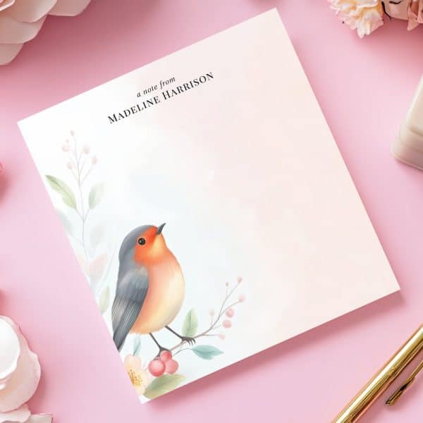 Personalized Stationery Featuring A Robin Perched On A Flowering Branch.