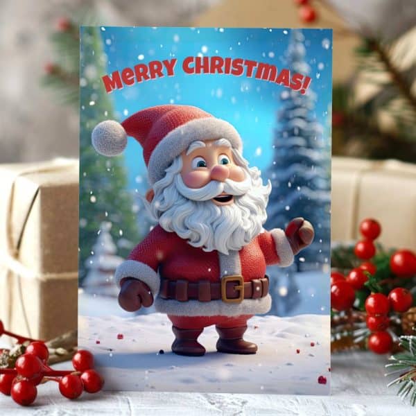 Christmas Card Featuring A Cheerful, Cartoon Santa Claus In A Snowy Landscape.