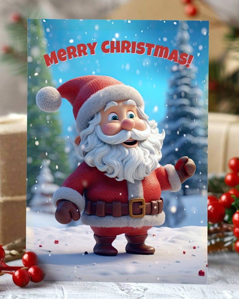 Christmas card featuring a cheerful, cartoon Santa Claus in a snowy landscape.