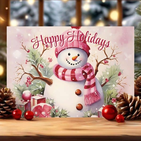 Happy Holidays Card Featuring A Snowman Wearing A Pink Hat And Scarf.