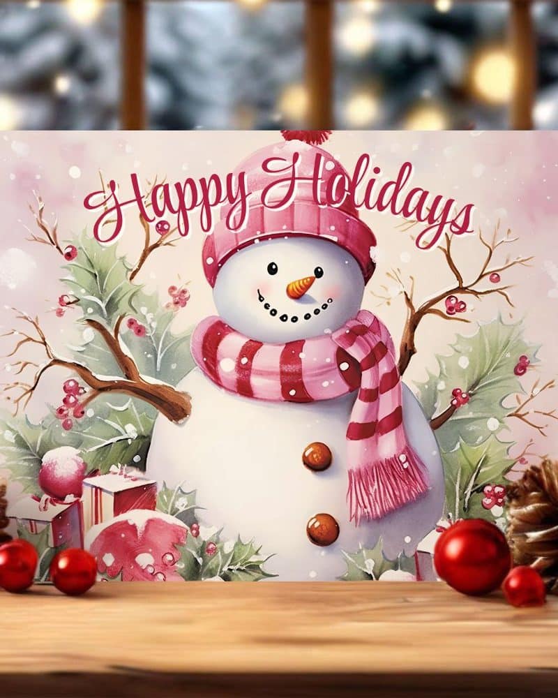 Happy Holidays card featuring a snowman wearing a pink hat and scarf.