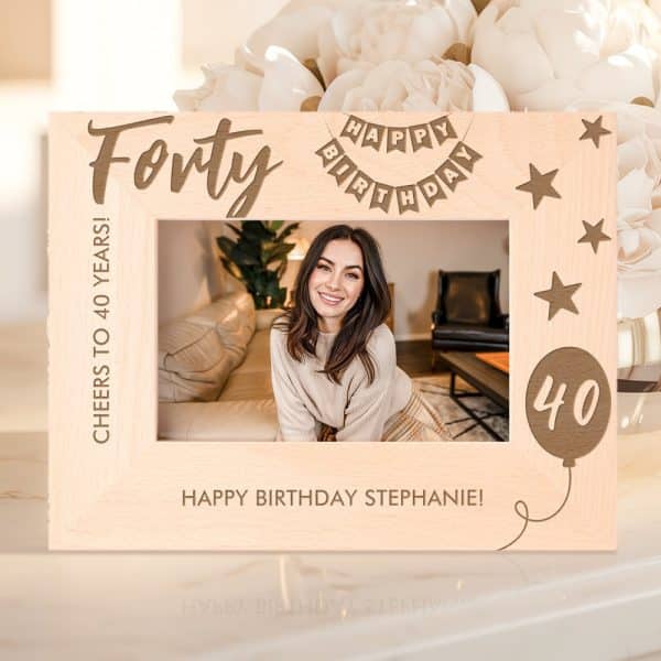 Wooden 40Th Birthday Photo Frame With A Picture Of Stephanie.