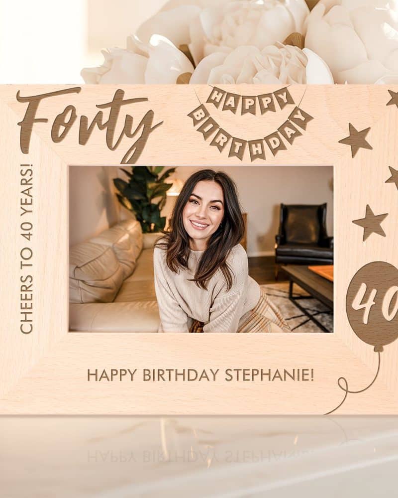 Wooden 40th birthday photo frame with a picture of Stephanie.