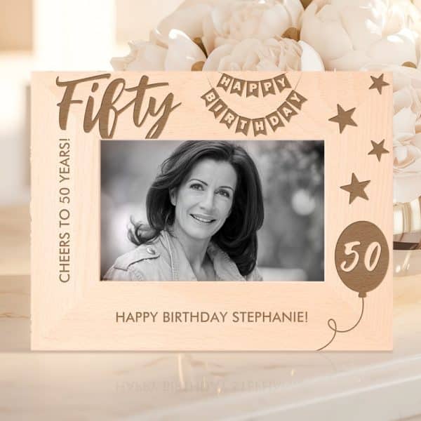 Wooden 50Th Birthday Photo Frame With A Black And White Photo Of A Woman.