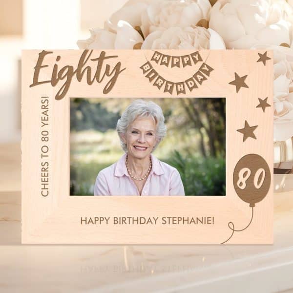 Wooden Photo Frame Celebrating An 80Th Birthday. A Photo Of Stephanie Is In The Frame.