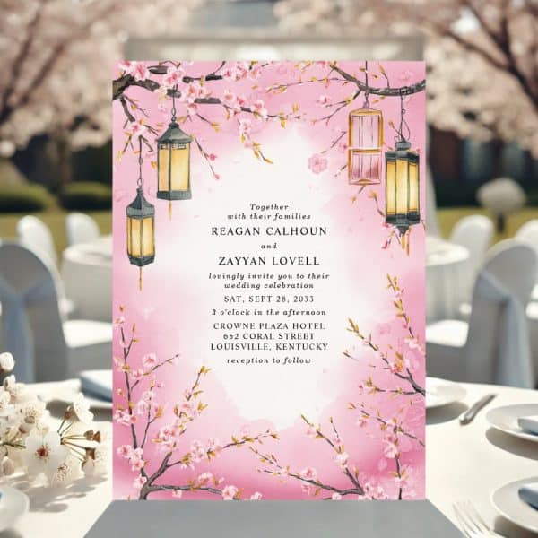 Pink Wedding Invitation With Cherry Blossoms And Lanterns, Announcing The Wedding Of Reagan Calhoun And Zayyan Lovell.