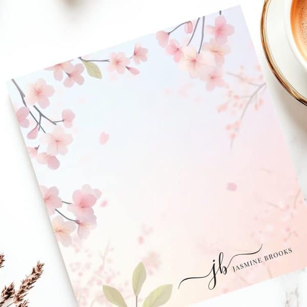 Stationery Featuring A Soft Pink And White Floral Design With Cherry Blossoms And The Monogram Jb For Jasmine Brooks.