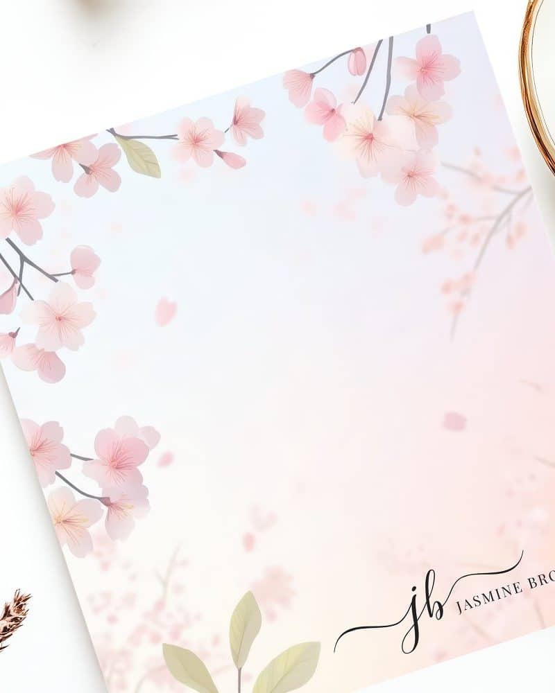 Stationery featuring a soft pink and white floral design with cherry blossoms and the monogram JB for Jasmine Brooks.