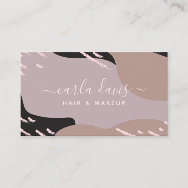 Business Card For Carla Davis, Hair &Amp; Makeup, Featuring An Abstract Design In Shades Of Pink, Brown, And Black.