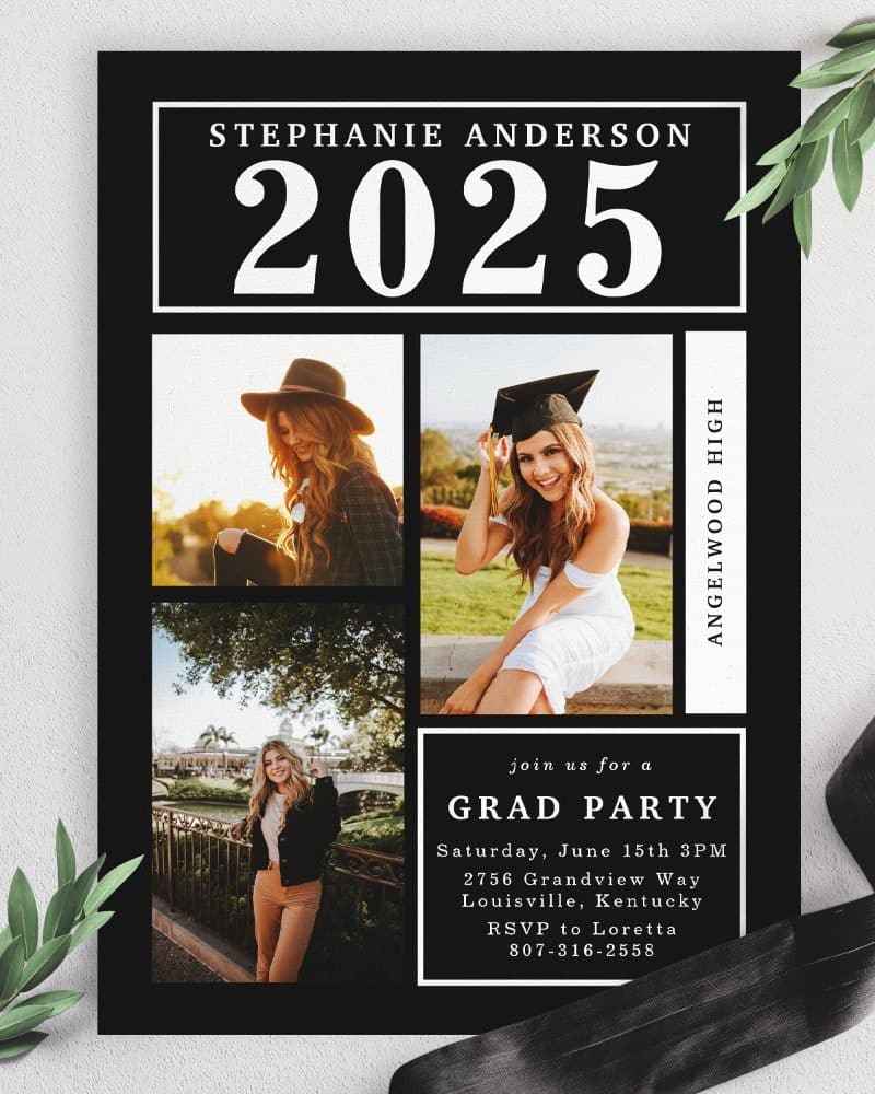 Graduation announcement for Stephanie Anderson, class of 2025, featuring three photos and party details.