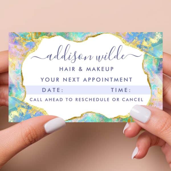Appointment Reminder Card For Addison Wilde Hair &Amp; Makeup, Featuring A Pastel Blue And Gold Design.