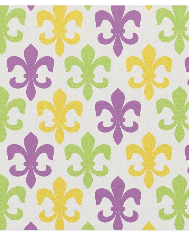Repeating pattern of purple, yellow, and green fleur-de-lis on a light beige background.