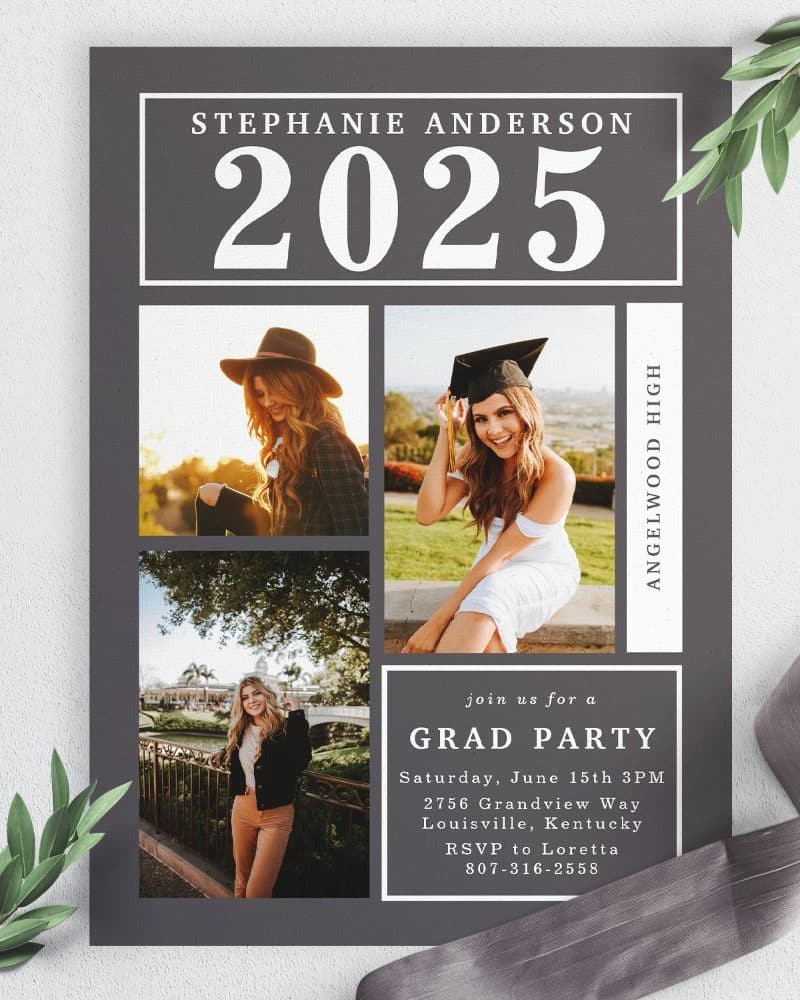 Graduation party invitation for Stephanie Anderson, class of 2025, featuring photos of the graduate.