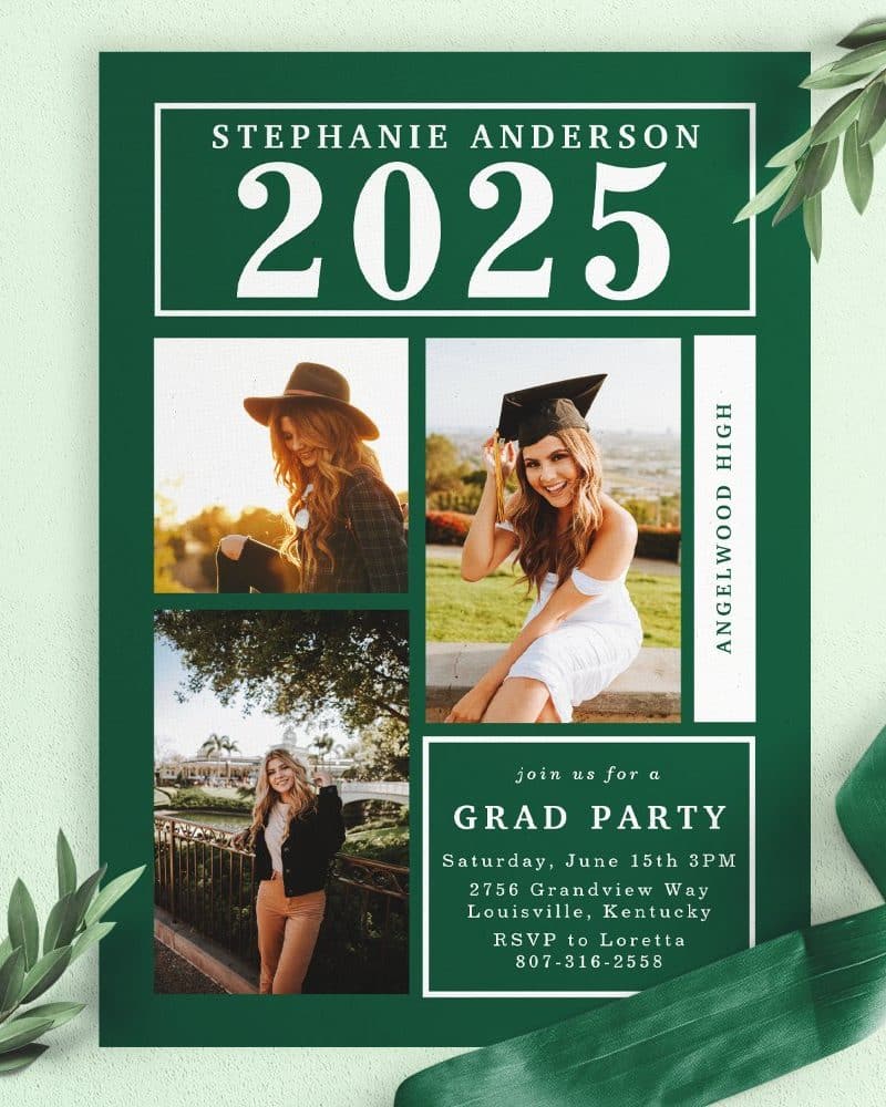 Graduation party invitation for Stephanie Anderson, class of 2025, Angelwood High. Includes three photos of the graduate.