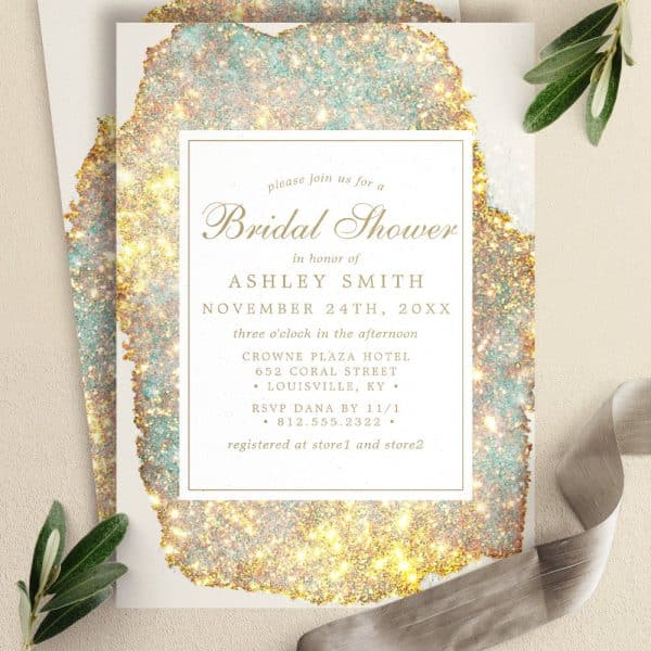 Bridal Shower Invitation For Ashley Smith, November 24Th, At The Crowne Plaza Hotel In Louisville, Ky. Gold And Teal Glitter Design.