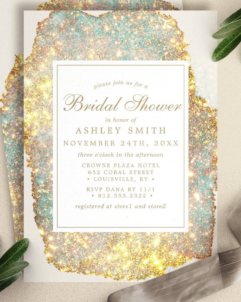 Bridal shower invitation for Ashley Smith, November 24th, at the Crowne Plaza Hotel in Louisville, KY. Gold and teal glitter design.