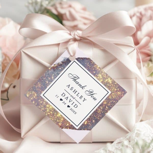 Wedding Thank You Gift Tag With Gold And Purple Galaxy Design, Names Ashley And David, And Wedding Date.
